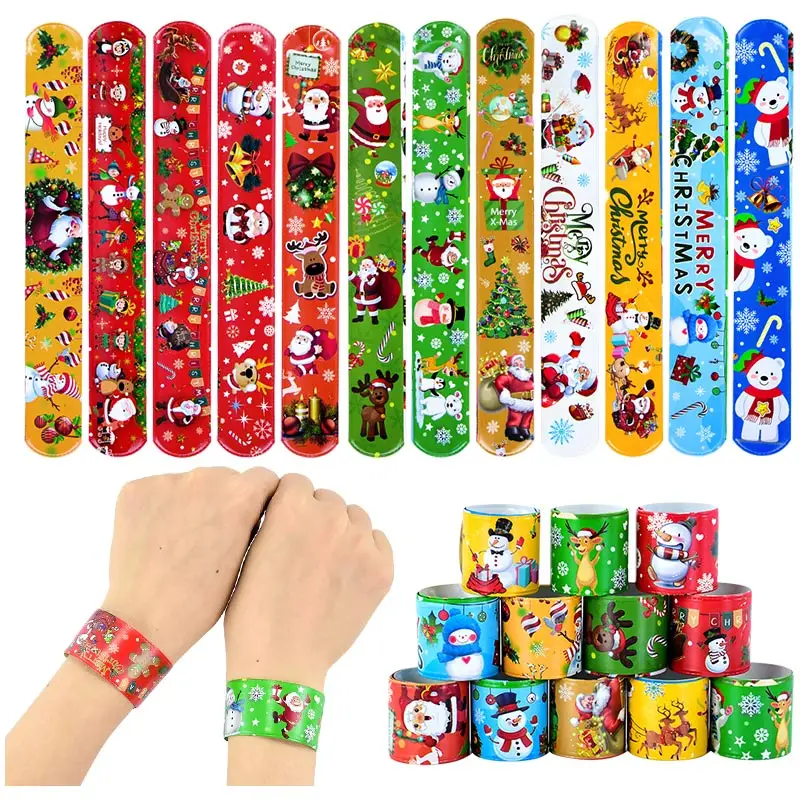 10Pcs Christmas Slap Bracelets Santa Claus Snowman Xmas Printed Papa Circle Kids Clap Circle Wristband Christmas Gift Supplies