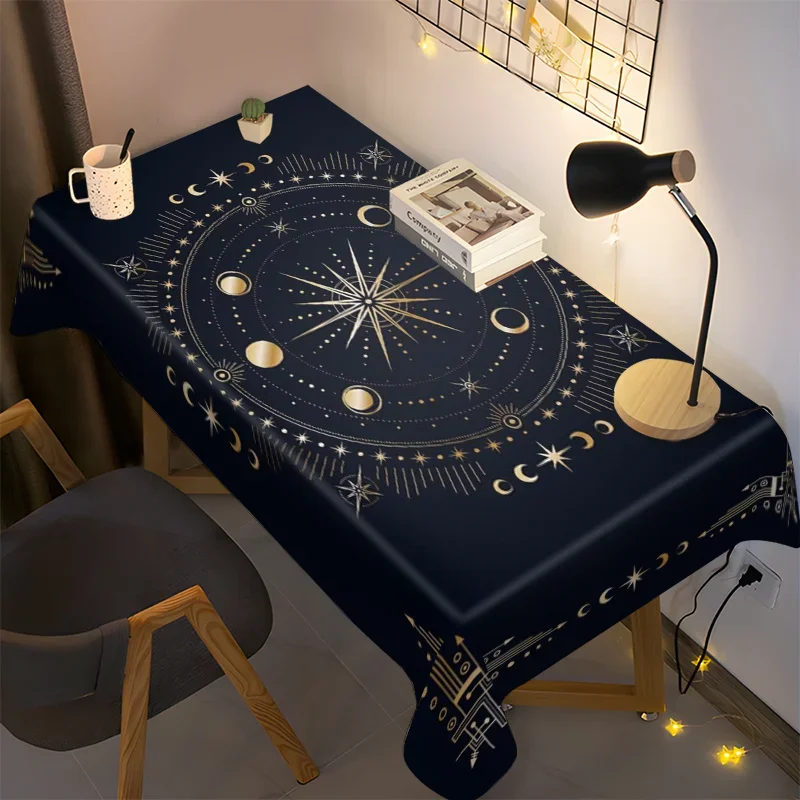 1Pc Celestial Star Moon Phase Tablecloth Navy Blue Astrology Zodiac Print Table Cover For Dining Kitchen Home Decor Dustproof D