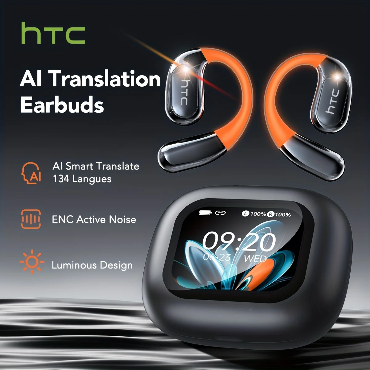 

HTC NE27 Wireless Headphones Bluetooth 5.4 AI Translator Earbuds Glowing Earhook Upgraded LCD Touchscreen ENC Noise Reduction