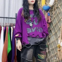 Spring Autumn New Women's Commute Letter Printed Distressed Spliced Irregular Casual Crew Neck Long Sleeve Loose T-shirts Tops