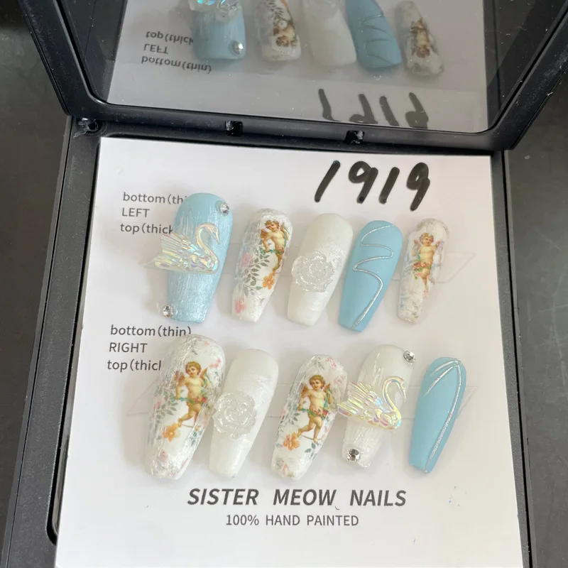 أظافر طويلة مطلية يدويًا برسم يدوي ، ملاك أزرق ، فن أظافر مزيف بتصميم ساحر ، مانيكير صناعي بغطاء كامل للفتيات #3