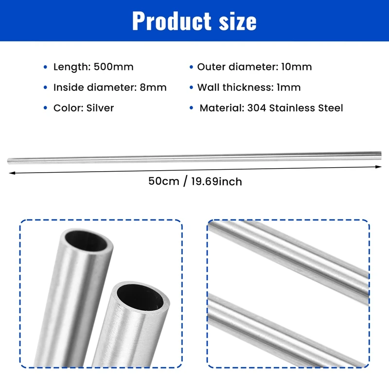 LICE-2Pcs 304 สแตนเลสสตีลท่อ OD 10 มม.X 8 มม.ความยาว ID 500 มม.