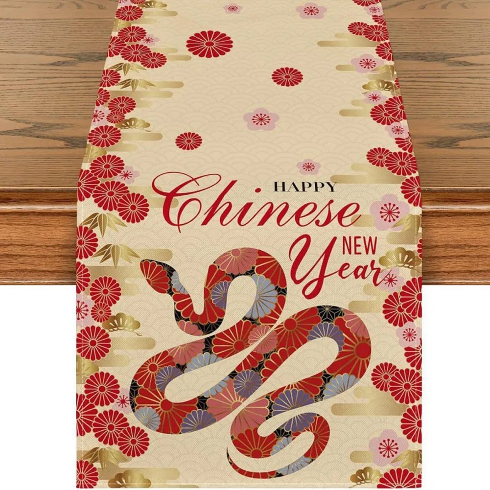 Chinese New Year Snake Zodiac Linen Table Runner Happy New Year's Day Decorations For Home Spring Festival Supplies Table Flag #