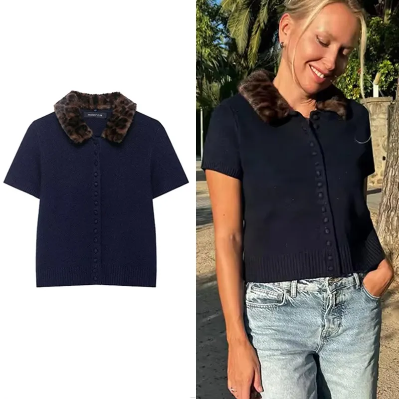 

Knitted Cardigans Tops For Women Single-breasted Leopard Print Fur Collar Cardigan 2025 New Autumn Casual Fashion Slim Outerwear