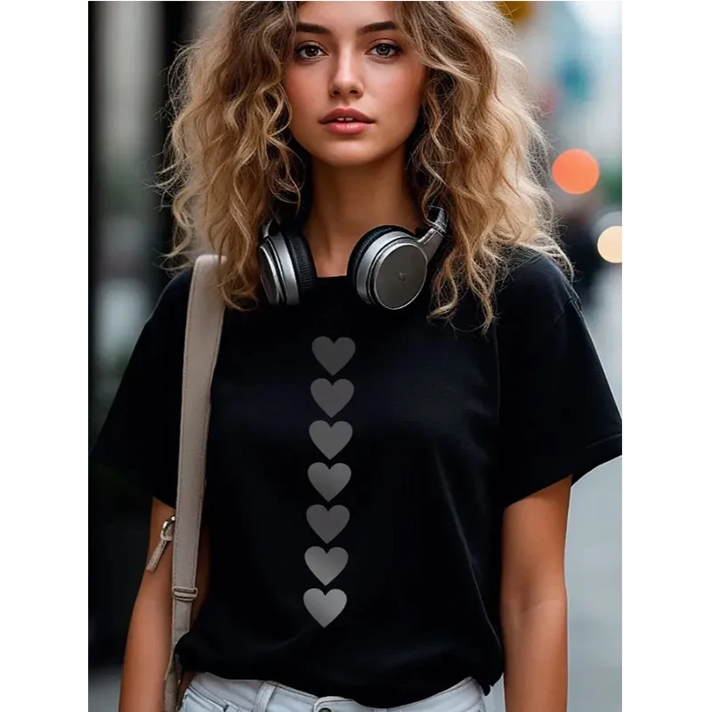 Camiseta de talla grande para mujer, pantalón corto informal de manga con estampado gráfico de siete corazones, camiseta gótica Y2k para amantes
