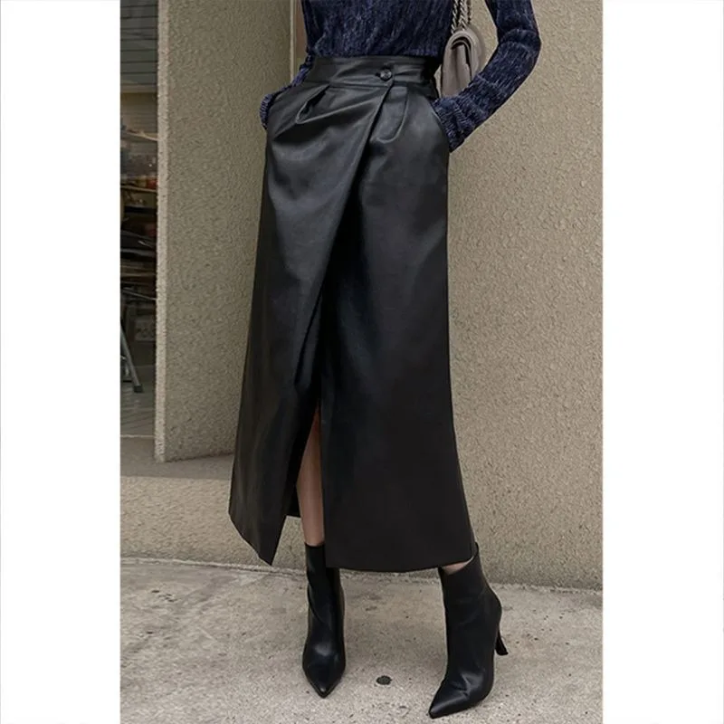 

Leather Skirt Split Skirt Women's Spring and Autumn 2026 New High-waisted Pleated Straight Skirt