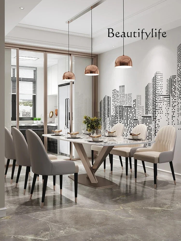

стол кухонный Light luxury bright rock slab dining table and chairs simple Italian household stainless steel high-end rectangula