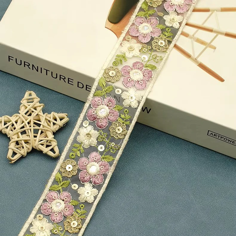 

5yard sequin Flower embroidery Lace trim,handmade DIY Clothing cuffs,collar accessories Lace Ribbon