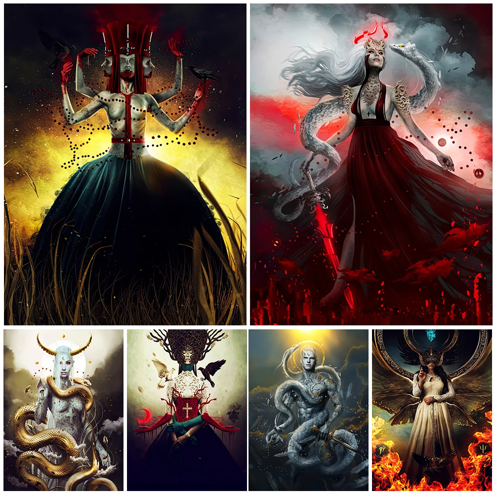 Sacred Trinity And Devil Angel Vintage Wall Art Canvas Painting Priestess And Book Blood Art Poster Print Home Decor Unframed