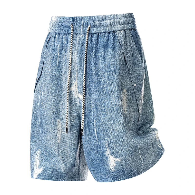 

Men's Faded Denim Print Casual Shorts Elastic Drawstring Waist Loose Fit Summer Streetwear Knee Length Shorts