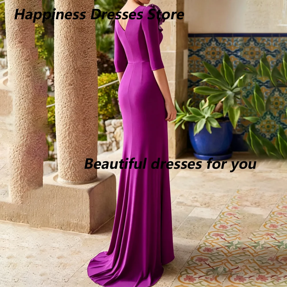 Customized Purple Chiffon Mermaid Mother Of The Bride Dresses Round Neck 3/4 Sleeve Flower Ruffle Pleated Split Guest Gown