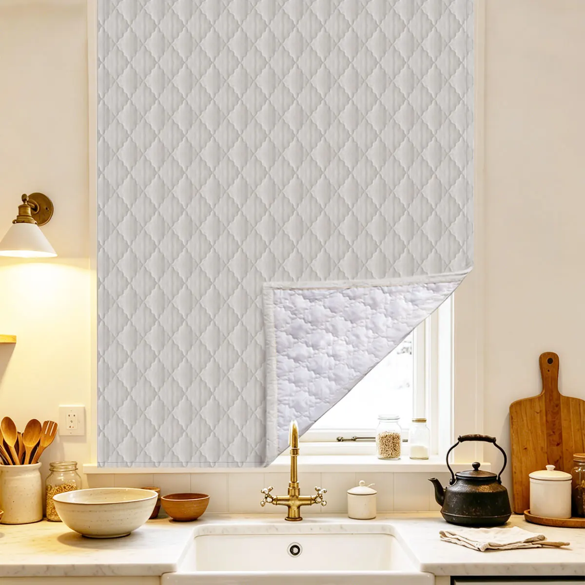 Single Panel Diamond Quilted Cotton Filled Roller Shades, Thermal Full Blackout UV Protection Window Blinds for Kitchen Bedroom Home Decor