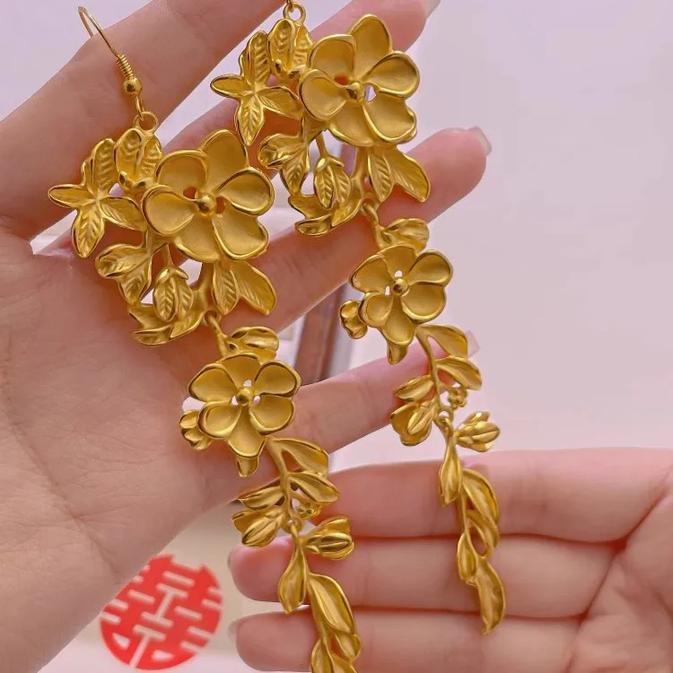 Luxury 24K 9999 Pure Gold real gold Flower Earrings Long Tassel Earrings Women's Earrings