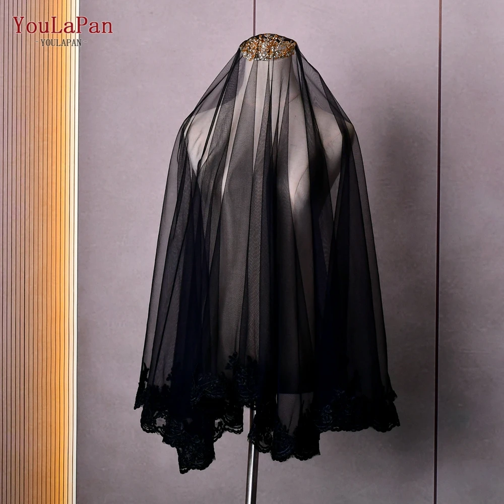 Yulapan v65 véus de casamento preto borda do laço véu de noiva 2 camada macio véu gota espanhol mantilla estilo romântico acessórios de casamento