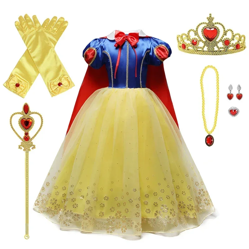 Ragazze Principessa Biancaneve Vesti per bambini Costumi con maniche a sbuffo con mantello lungo Festa di compleanno per bambini Abito fantasia 3-10 anni U