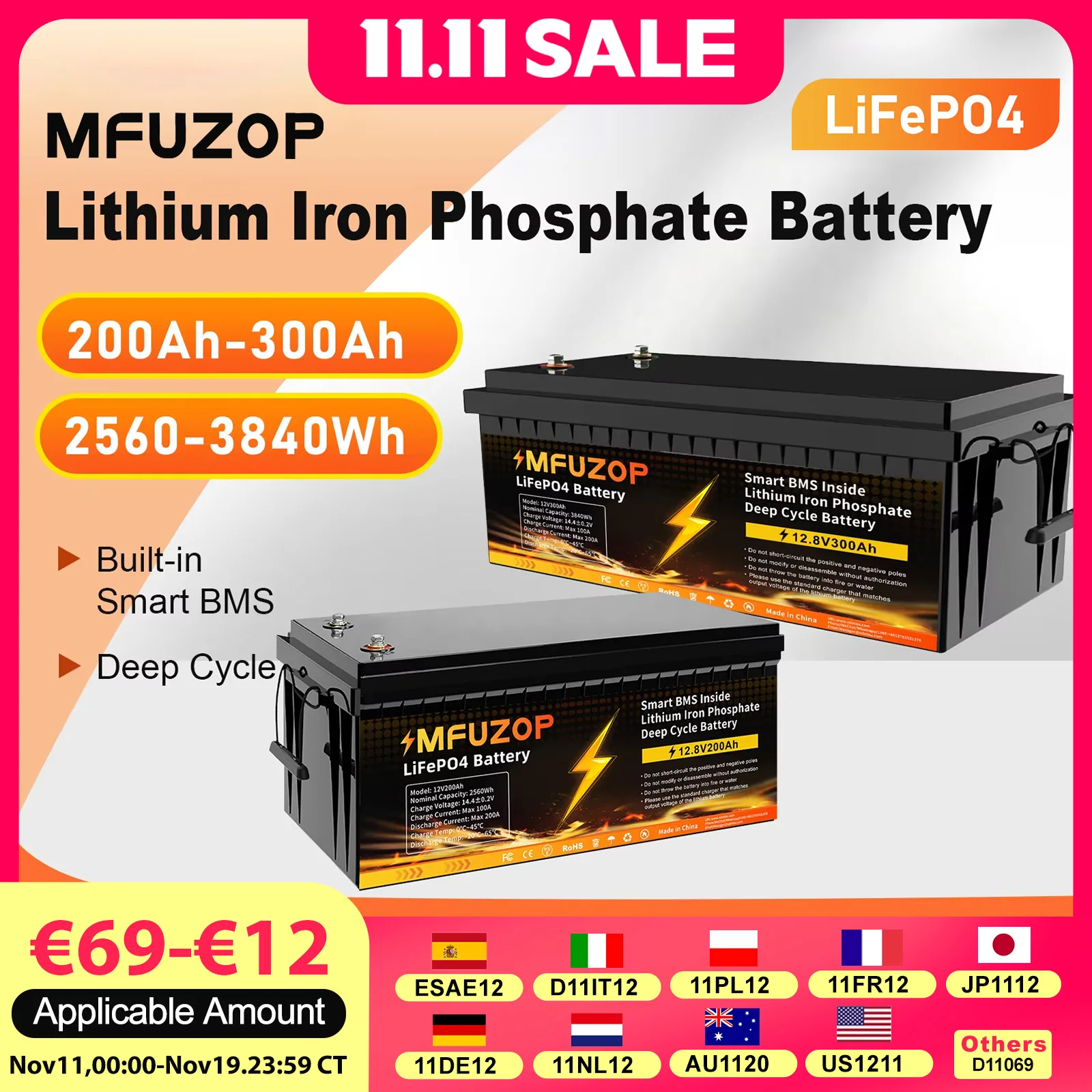 

DATOUBOSS 12V300Ah LiFePO4 аккумулятор 3840Wh встроенный литий-железо-фосфатный аккумулятор Smart BMS для солнечных караванов Marine ​ Глубокий цикл