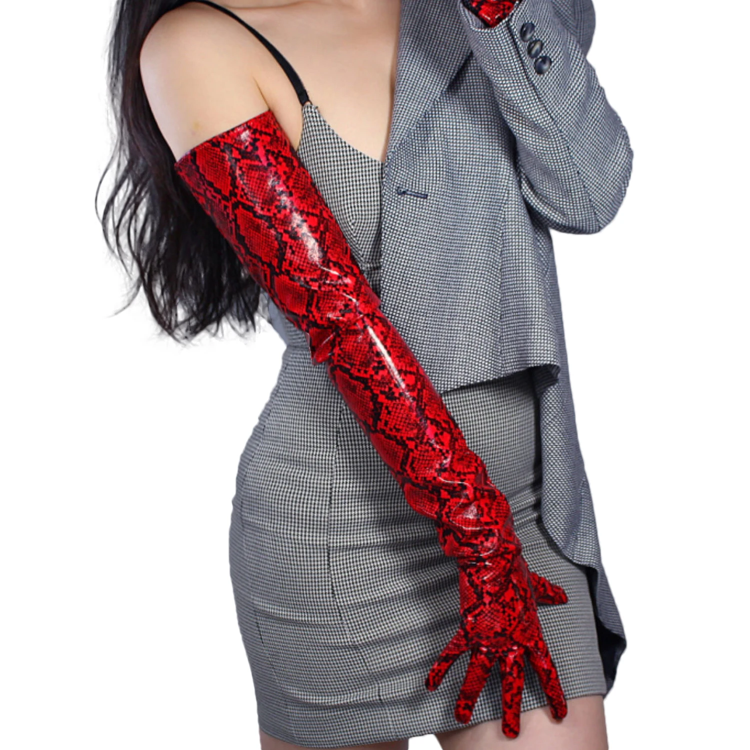 DooWayWomen Snake Gloves Fashion Shiny Red Latex Long Leather PU Wet Look 60cm gomito Opera Animal Print Python Snake Red Carpet