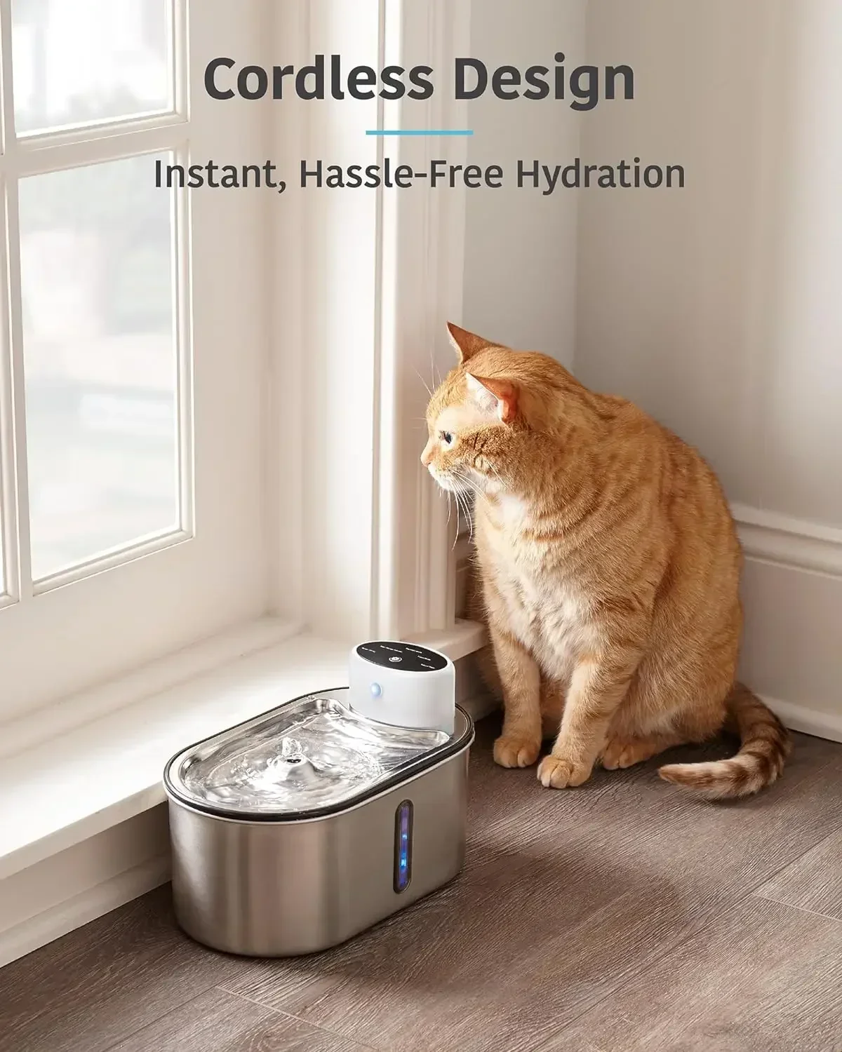 Wireless Cat Water Fountain, Stainless Steel, Battery Operated, 101oz/3L Automatic Water Dispenser for Cats & Dogs,