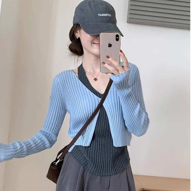 

Голубой и глаз контрастного цвета Blo V-Ne вязаный открытый кардиган женский утягивающий длинный топ све для осеннего слоя