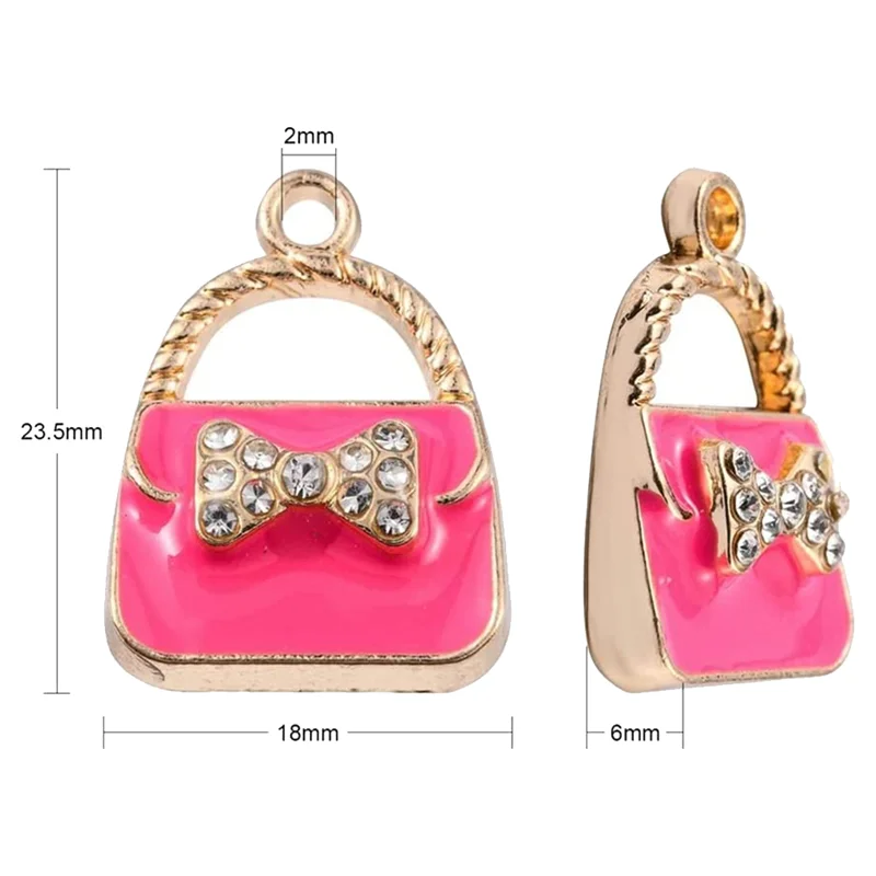 60 Pieces 6 Colors Enamel Bow Tote Charm Crystal Rhinestone LightGold Small Tote Charm for Jewelry