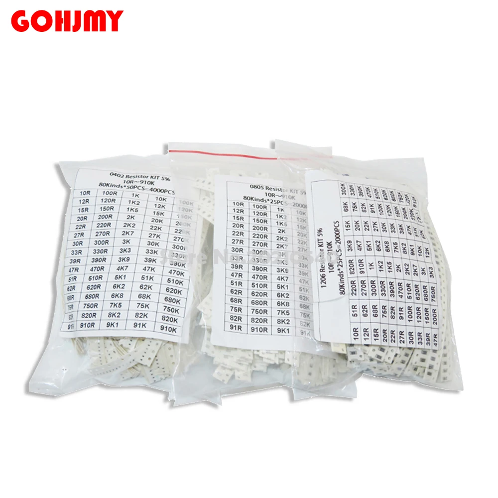 200PCS 660PCS 720PCS 4000PCS 0402 0603 0805 1206 1210 2512 SMD Resistor Kit 10K 100K 1K 1R 100R 220R 1% 5% Assorted Kit