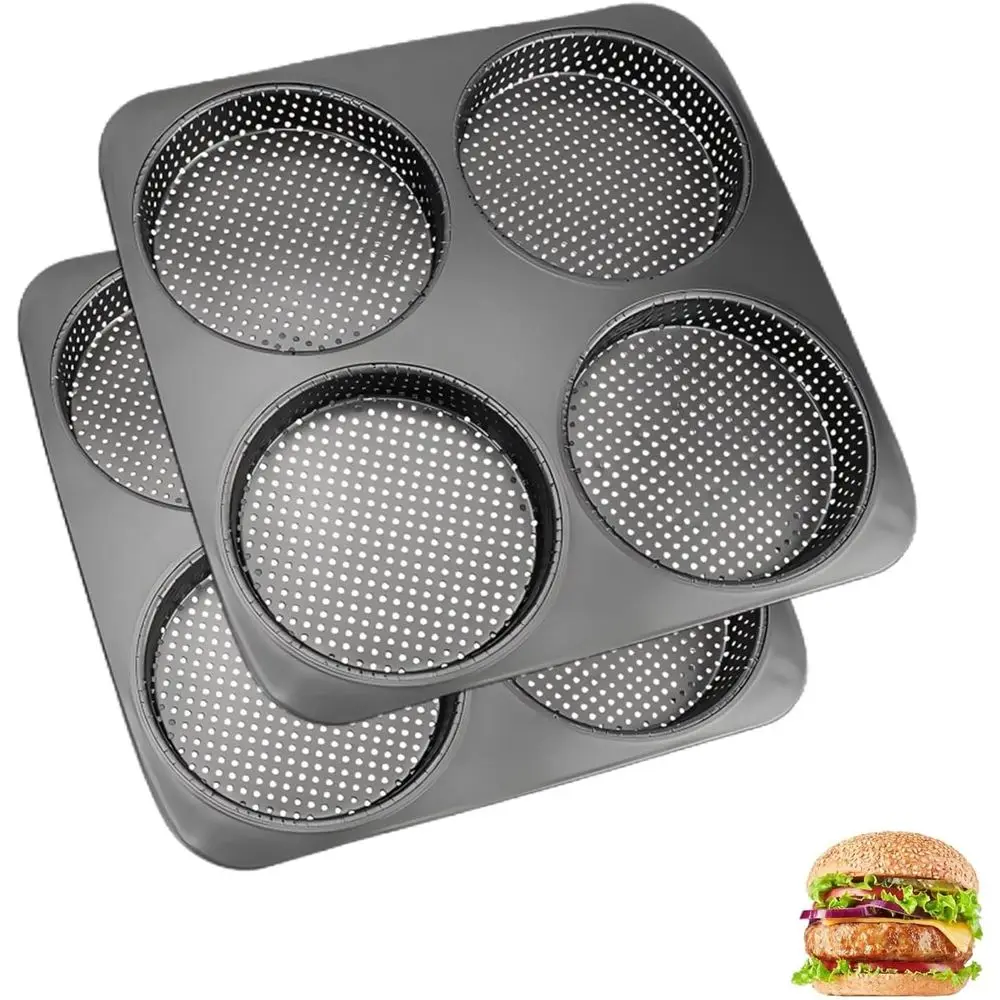 

Large Hamburger Bun Pan 2PCS, 5 Inch Perorated Non-Stick Carbon Steel Hamburger Mold, 4-Cavity Big Bg Pan or Hamburger Buns Meat