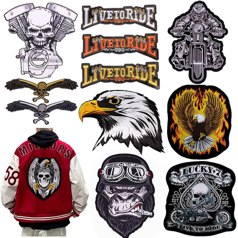 Moto Biker cucire ricamo Patch grande aquila posteriore Patch ferro su toppe per abbigliamento Live To Ride Patch su vestiti giacca