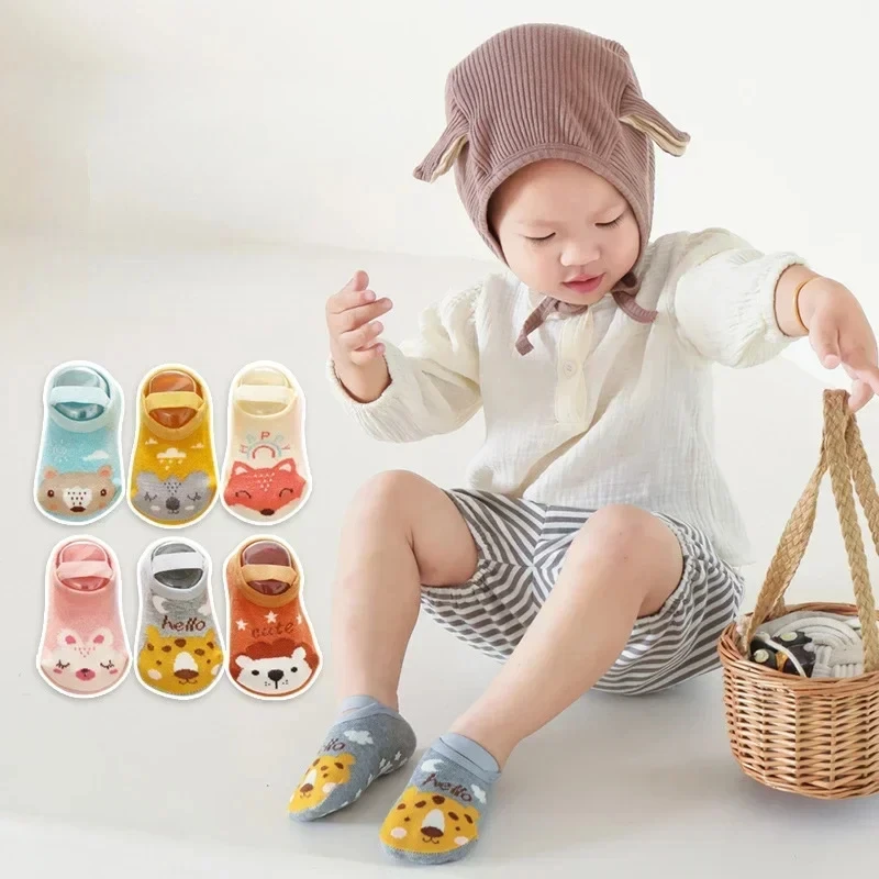 Anti-slip Solid Floor Socks 3/1 Pairs Spring Autumn Newborn Baby Glue Cute Cartoon Non-slip Mid-tube Cotton Stockings Boy Girls