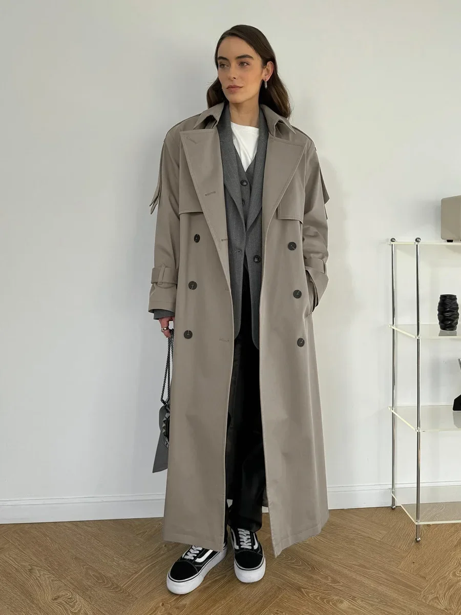 Women's Extra Long Trench Coat Cotton Retro Loose Outerwear Belted Waist New Autumn Winter Jackets