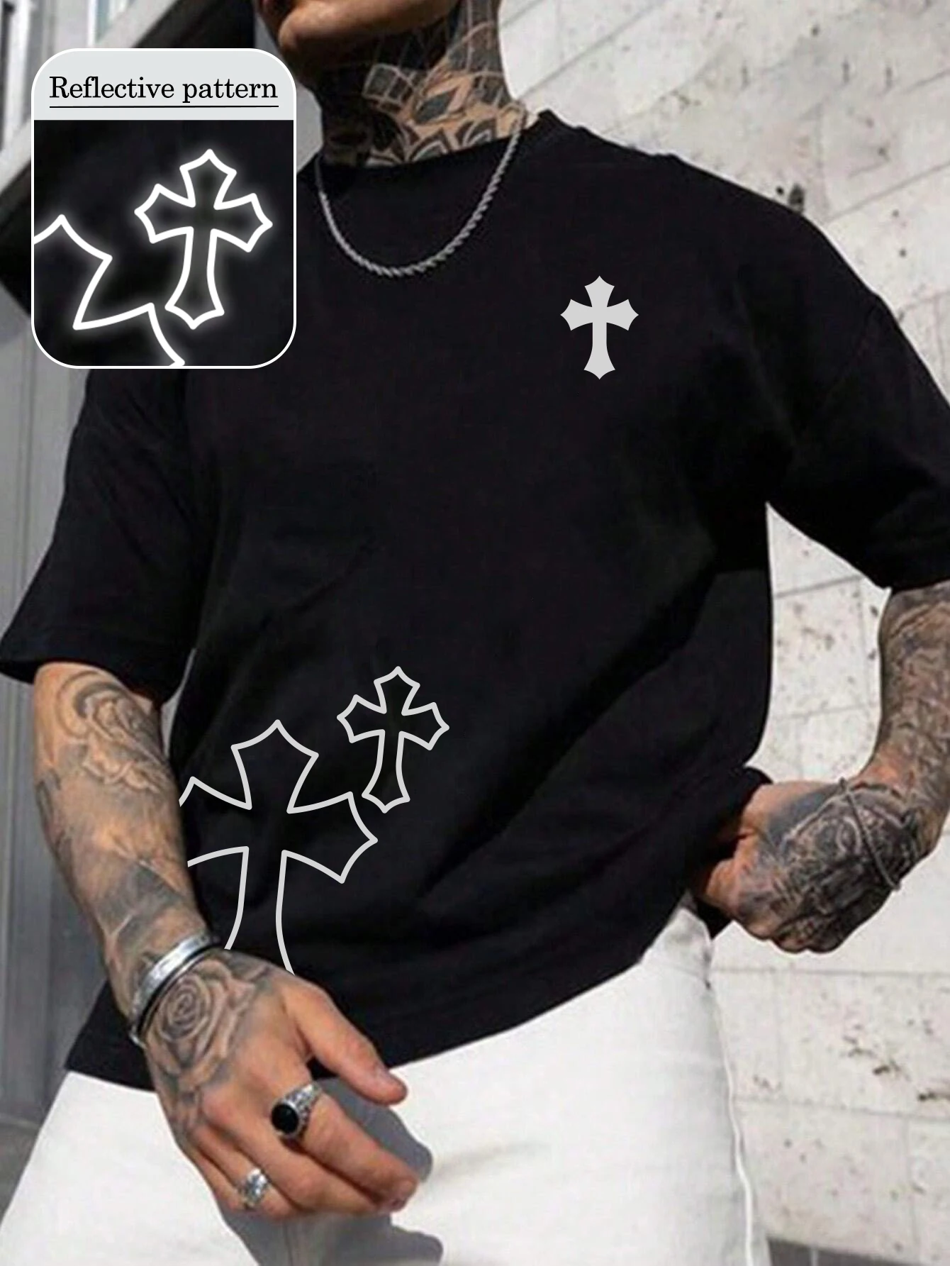 

Reflective cross pattern summer men's T-shirt printing comfortable casual, round collar loose short-sleeved retro trend jacket