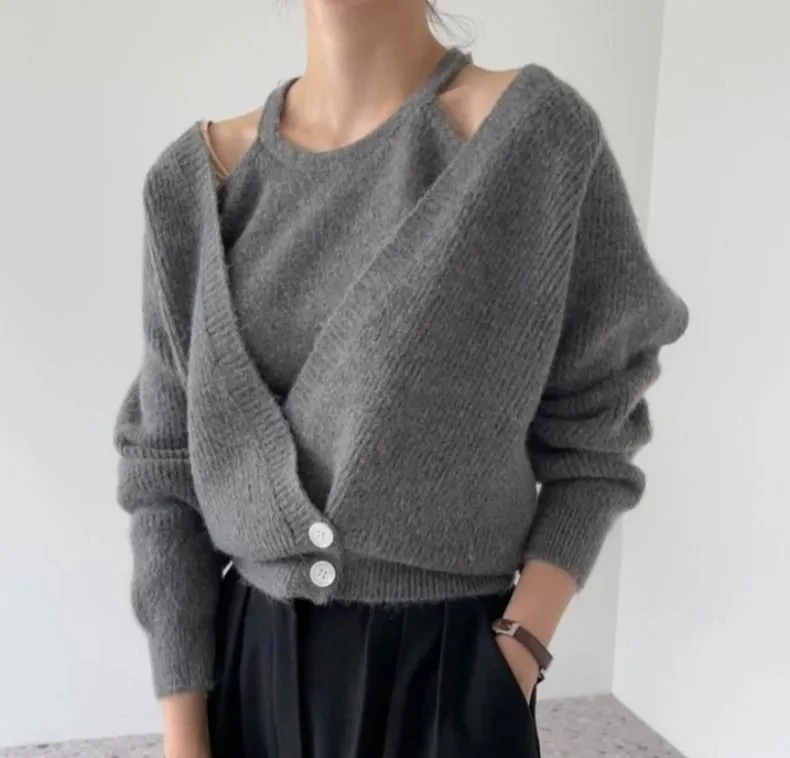

Korean Autumn and Winter New Style Sweater Cardigan Cashmere Knitted Vest Design Sense Two-piece Set Women's Top Jumper