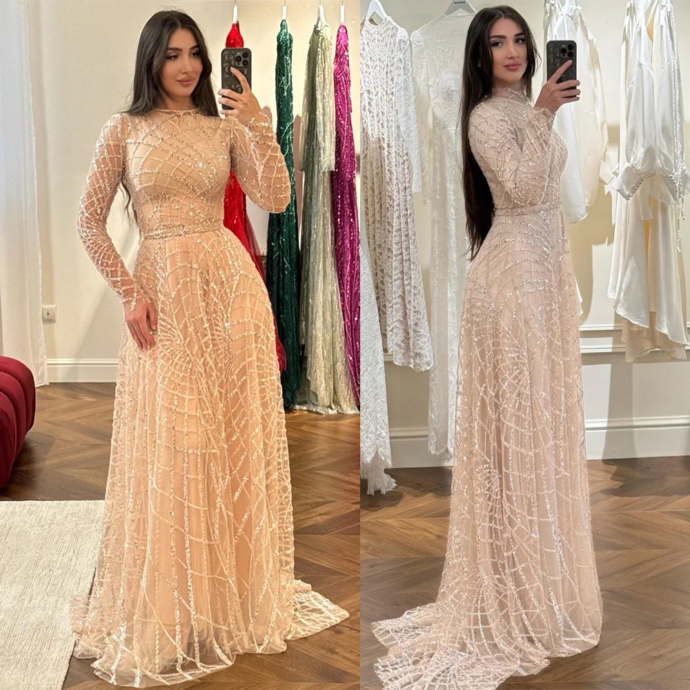 Funkelndes Abendkleid, arabisches Partykleid, maßgeschneidert, Rundhalsausschnitt, lange Ärmel, Sweep-Zug, A-Linie, bescheidene Ballkleider