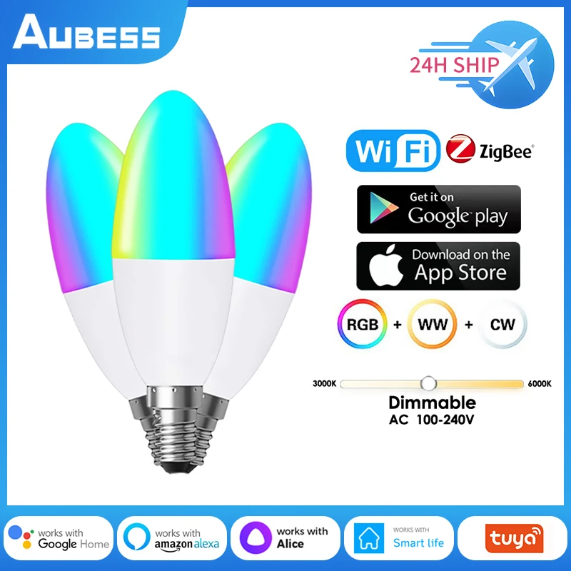 Aubess WiFi/Zigbee Smart Light Bulb 5W E14 Smart LED Bulb RGB+CCT Dimmable Light Voice Control Supports Alexa Google Home Alice