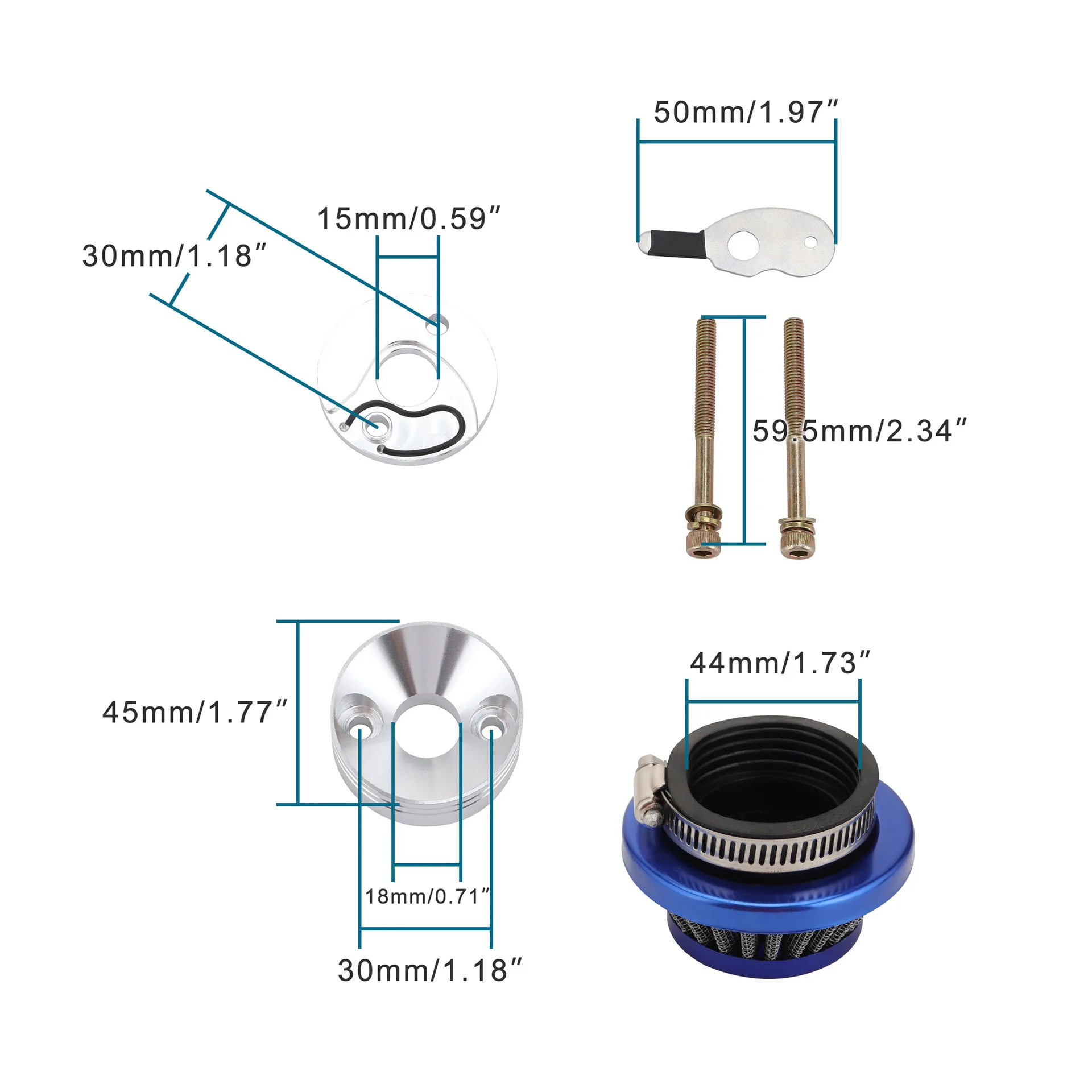44Mm metal air filter, modified intake pipe for motorcycle ATV SUV air filter, blue
