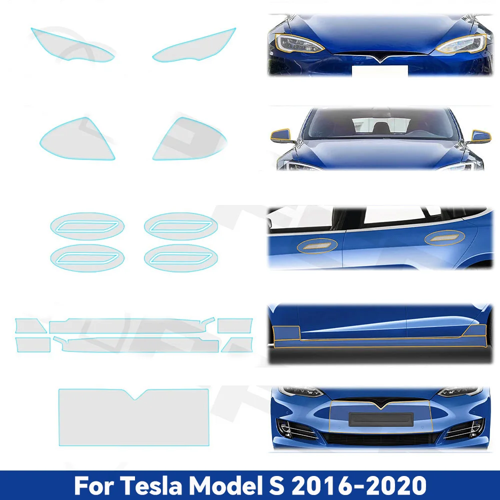 

For Tesla Model S 2016-2020 Pre-cut PPF TPU Headlight Rearview Door Handle Protective Film Clear Bra Anti-Scratch Resistant Kit