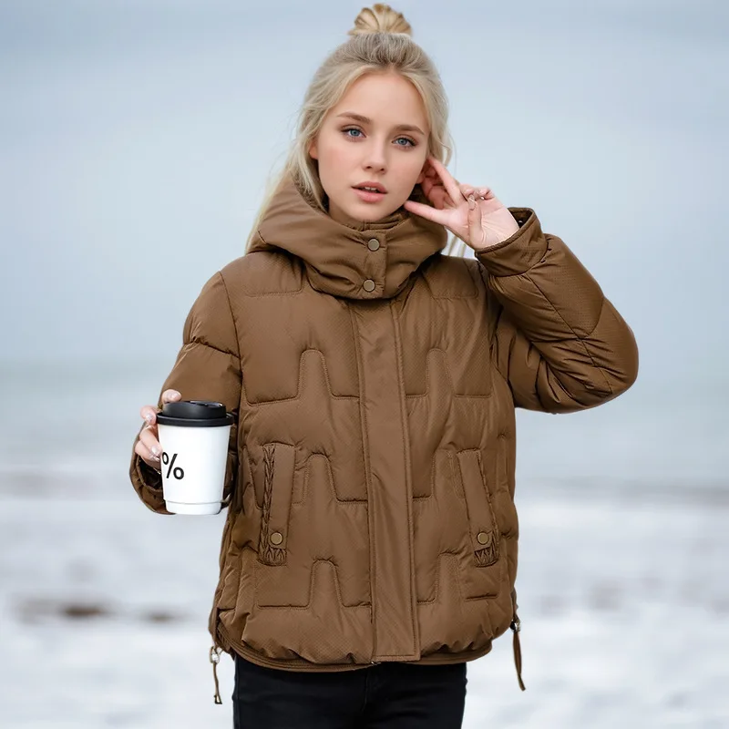 Inverno feminino acolchoado jaqueta geométrica impressão sólida zíper gola acolchoado casaco para feminino recortado minimalsit casaco da senhora