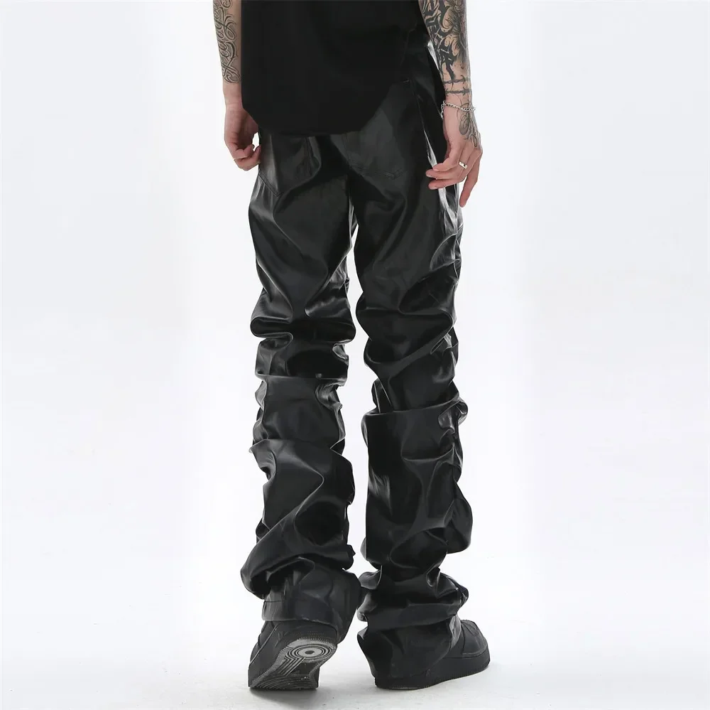 Punk Stil Leder Hosen Männer Hip Hop Streetwear Baggy Shiny PU Schwarz Leder Hosen Plissee Design Gestapelt Y2k Hosen Männer Casual