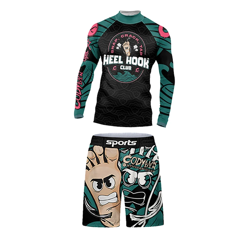 الرجال لا جي BJJ جيو جيتسو تي شيرت + MMA السراويل مجموعات الملاكمة Rashguard رياضة قميص + تجريب السراويل سريعة الجافة ألعاب القوى Rashguard الدعاوى #2
