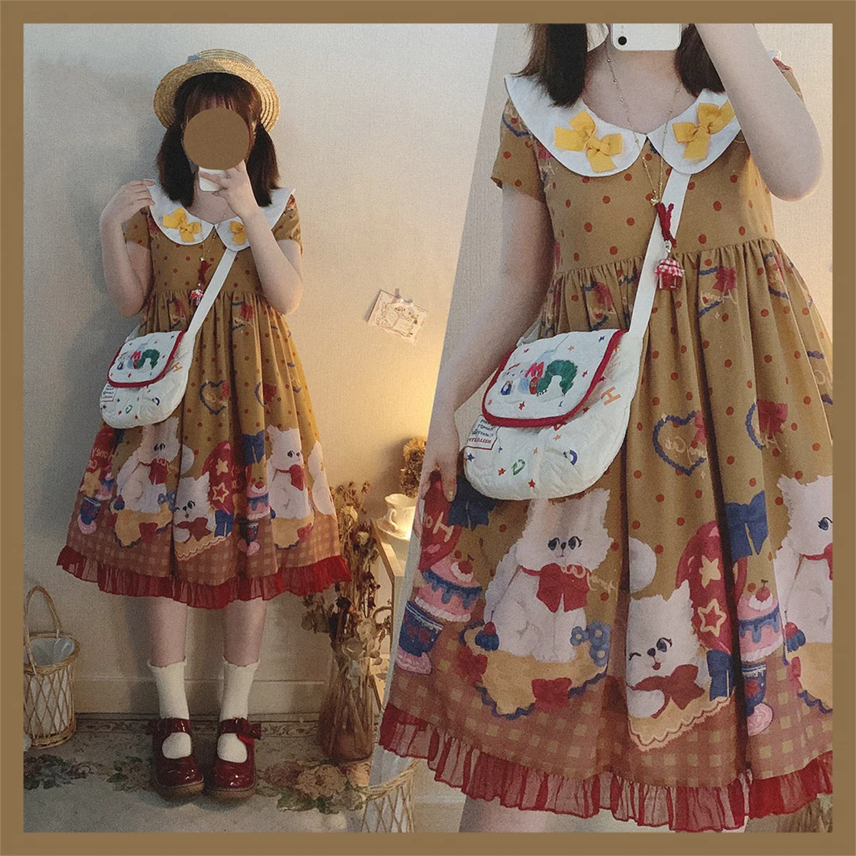 Robe Lolita Cosplay de Style japonais pour filles, jolie robe Jsk Kawaii à volants avec col de poupée imprimé gâteau chat à pois