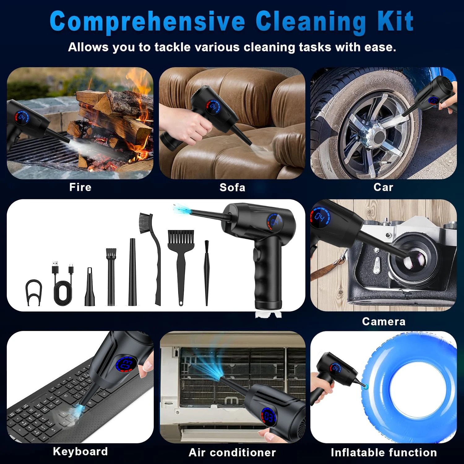 Compressed Air Duster 4-Gearปืนลมคอมพิวเตอร์แบบพกพา,เครื่องเป่าลมอัดไร้สาย,พร้อม LED Cleaning Blower Tool Inflator