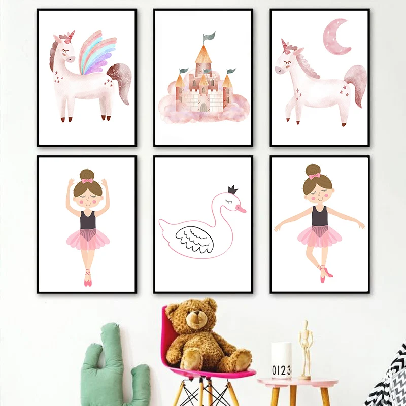 Pink Lovely Dance Girl Castle Unicorn Swan Wall Art Canvas Painting Nordic Posters And Prints Wall Pictures For Kids Room Decor