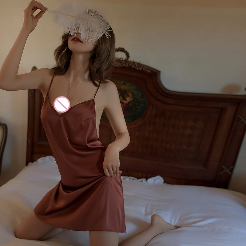 Deep V Suspender Nightdress Beauty Back Simulation Silk Nightgowns Thin Home Clothes Sexy Pajamas Night Dress Women Sleepwear