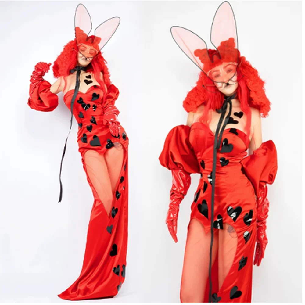 2025 Rosso Sexy Scava Fuori Il Corpetto Vestito Drag Queen Costume Femminile Festa di Compleanno Abito Da Sera Cantante Performance Stage Wear yj001