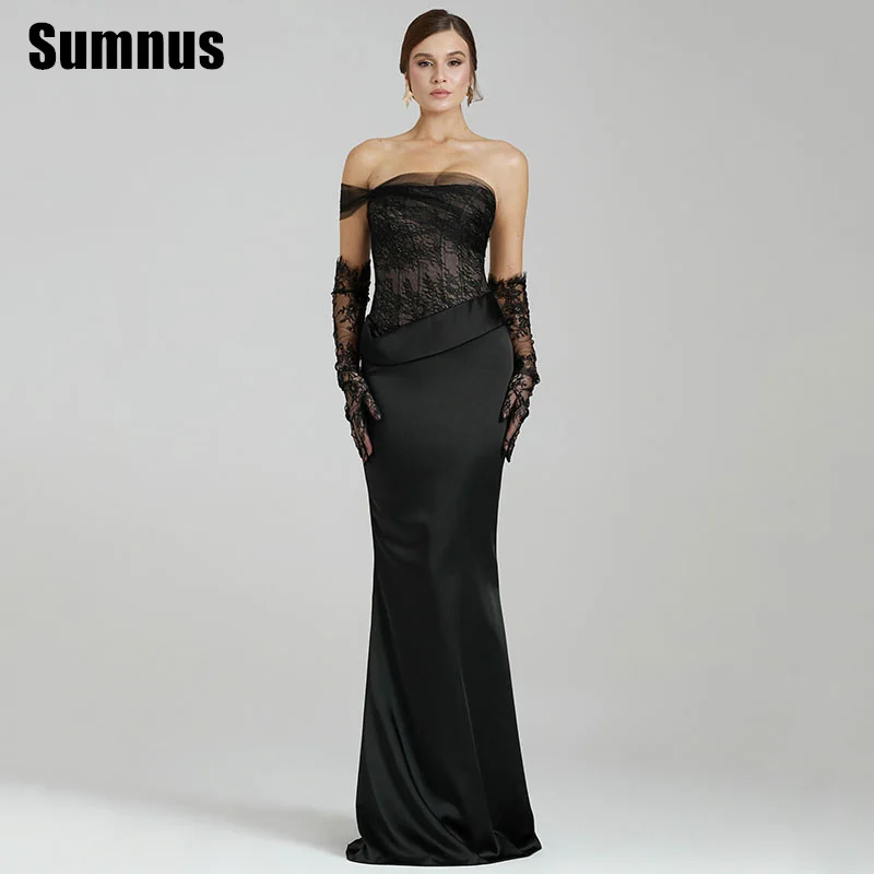 

Sumnus Elegant Black Mermaid Prom Dress Lace One Shoulder Half Sleeves Evening Dresses Formal Occasion Gowns Customized