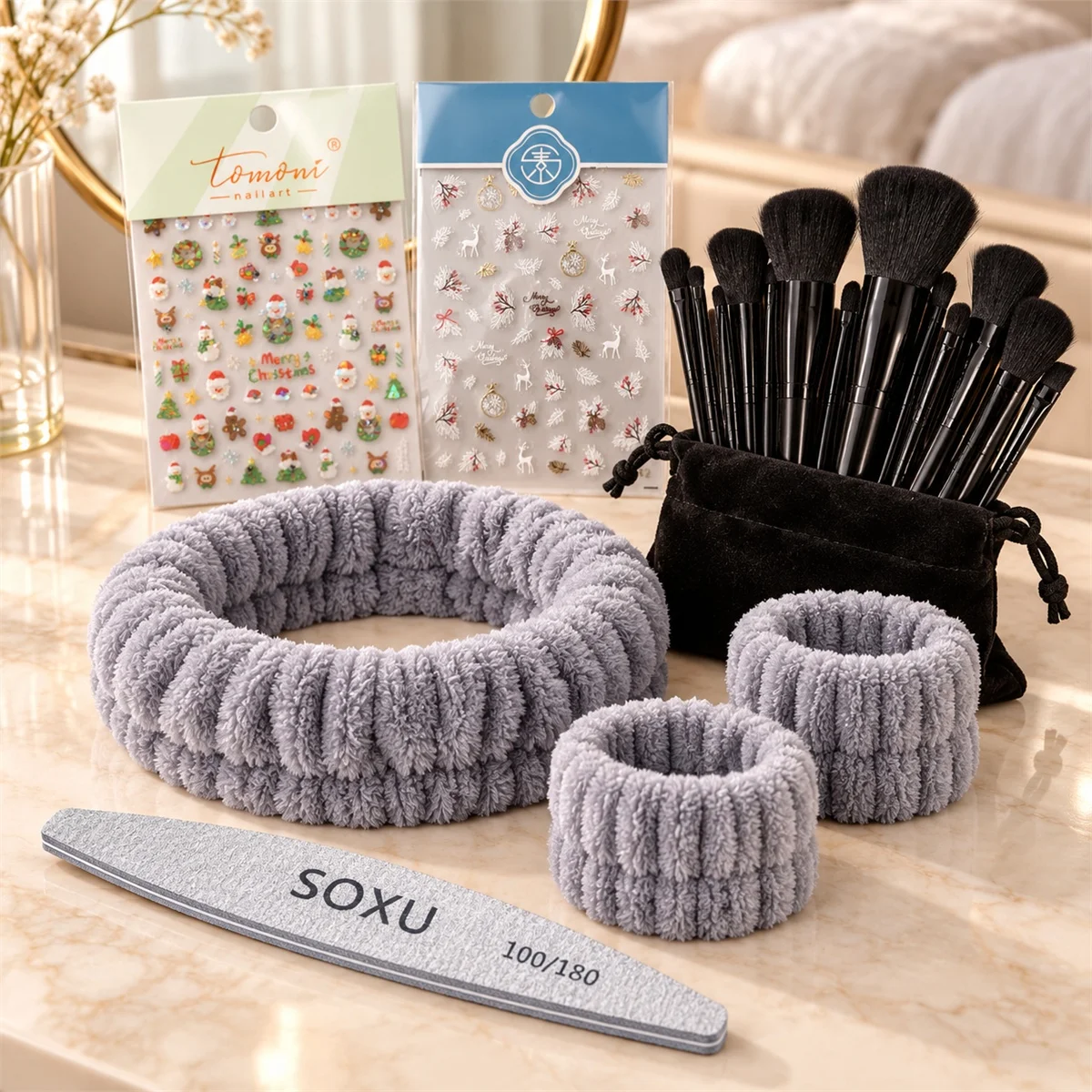 Beauty Surprise Gift Box Set – Makeup Brushes, Christmas Nail Art Stickers, 100/180 Nail File, Plush Spa Headband & Wristbands