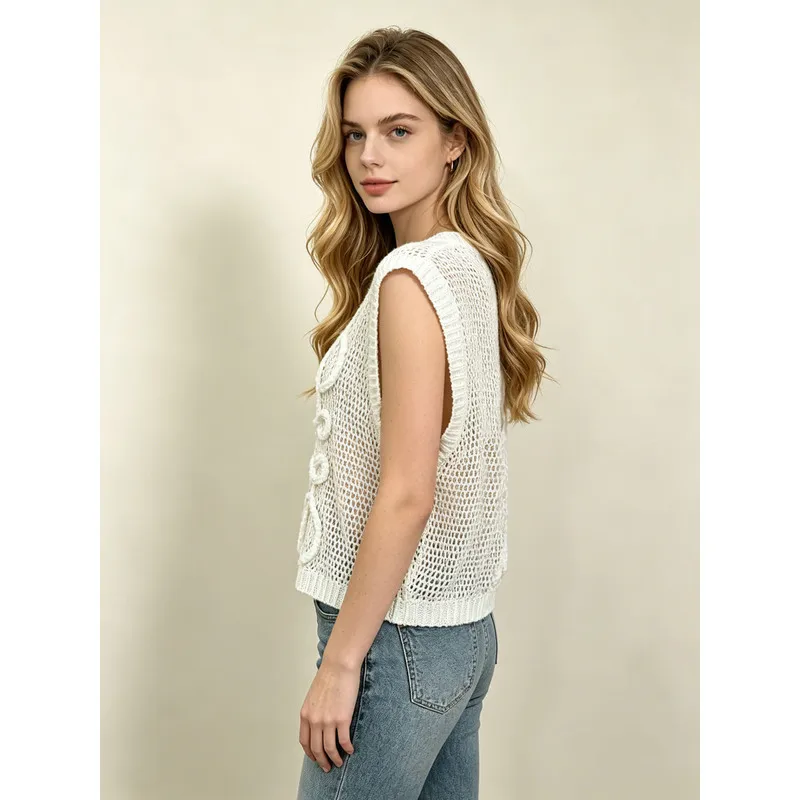 Women Sleeveless Openwork Mesh Knit Vest Crew Neck Cable Embossed Cropped Loose Crochet Tank Top Summer Layering