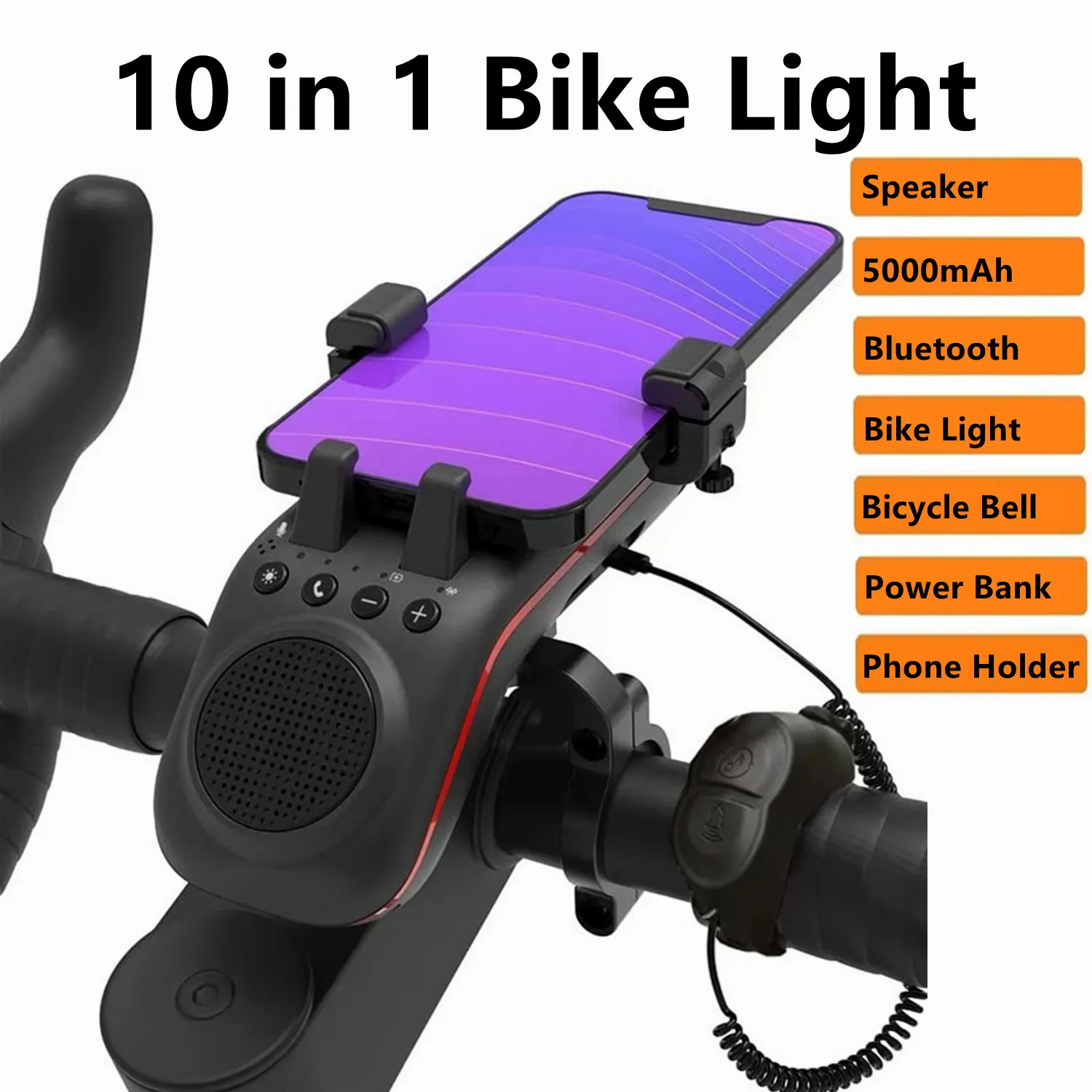 

10 in 1 Bicycle Light 5000mAh Rechargeable Bike Light Front Bicycle Phone Holder with Bluetooth Speaker Cycling Bell Accessories