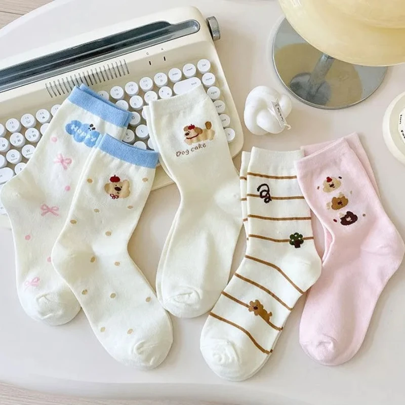 

1 Pair Stripes and Bow Socks for Ladies Long Socks Set High Quality Cute Women's Mid-Calf White Cotton Socks with Cartoon Puppy