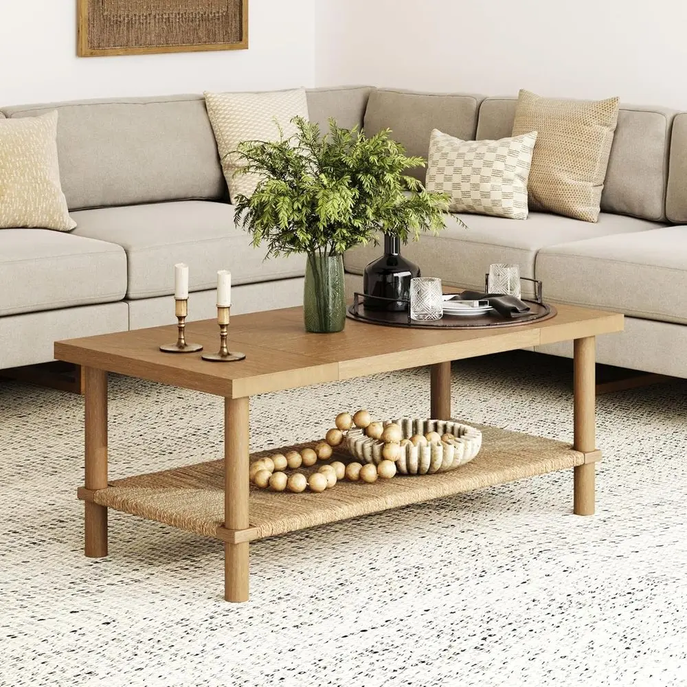 

2-Tier Rectangular Coffee Table with Solid Wood Legs, Seagrass Shelf, Light Brown Storage