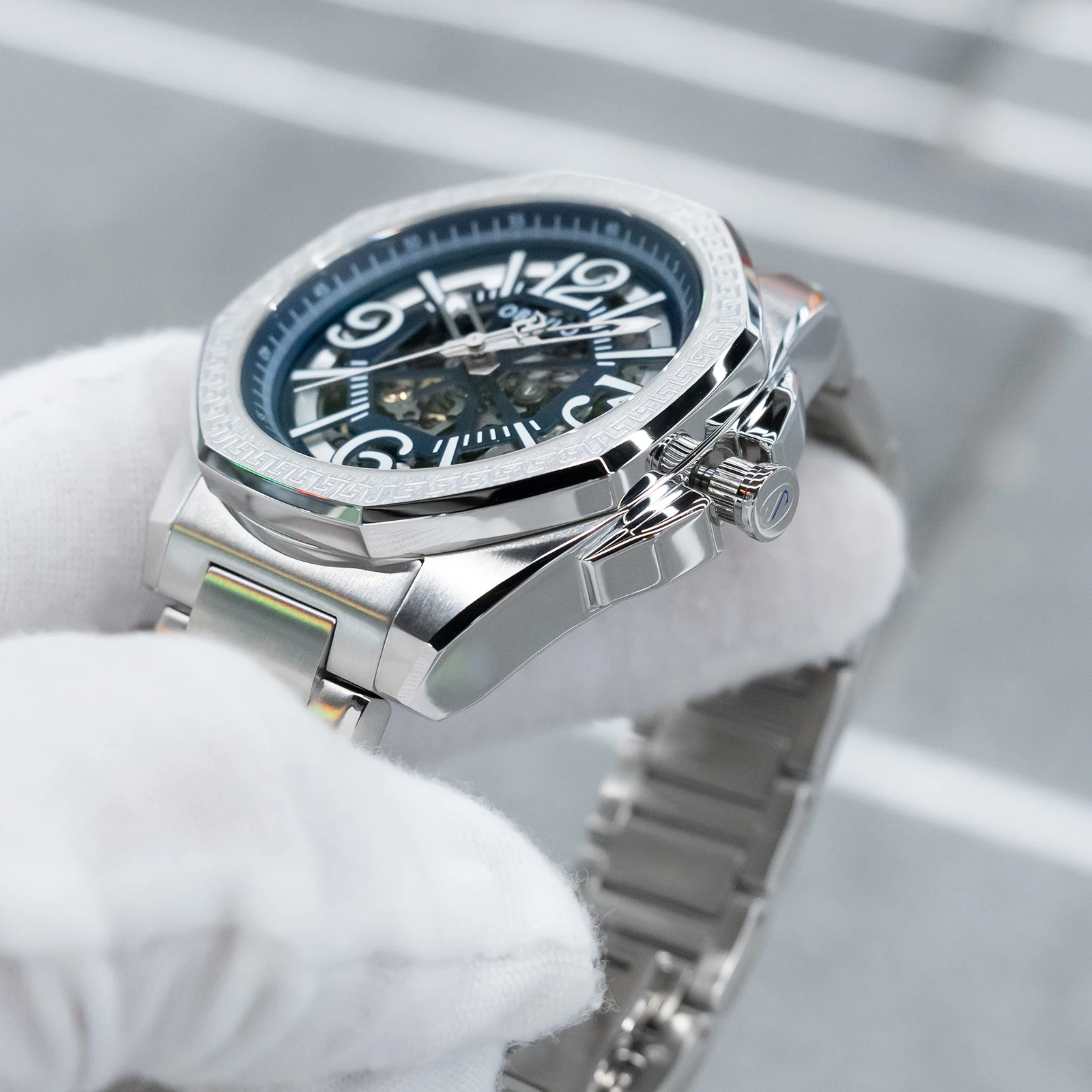 OBLVLO Men's Fashion Octagon Bezel Skeleton Automatic Watch 316L Stainless Steel Analog Display Waterproof Mechanical Wristwatch